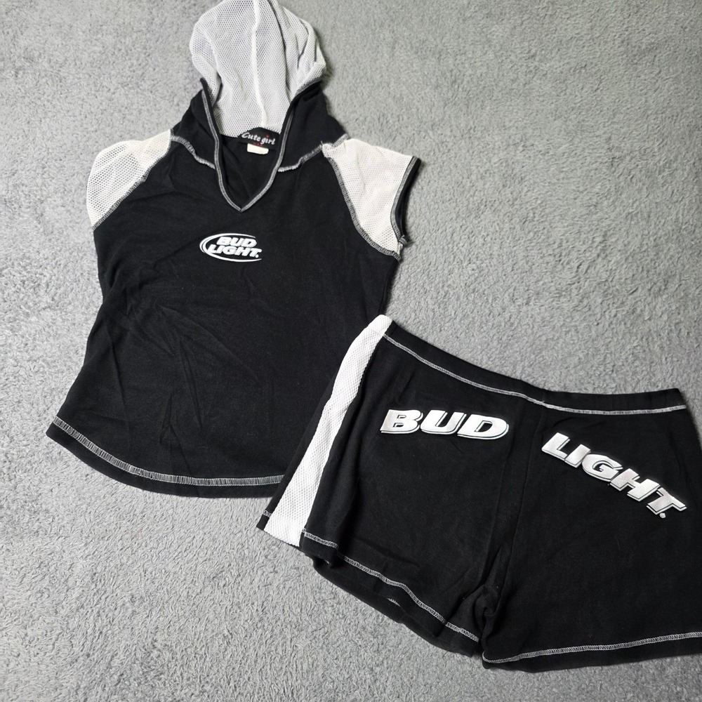 Cute Girl Womens Medium Bud Light Lounge Set Black Hooded Top Booty Shorts USA
